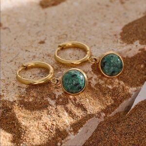 #43 NEW Natural Turquoise Dangle 18k Gold Hoop Earrings